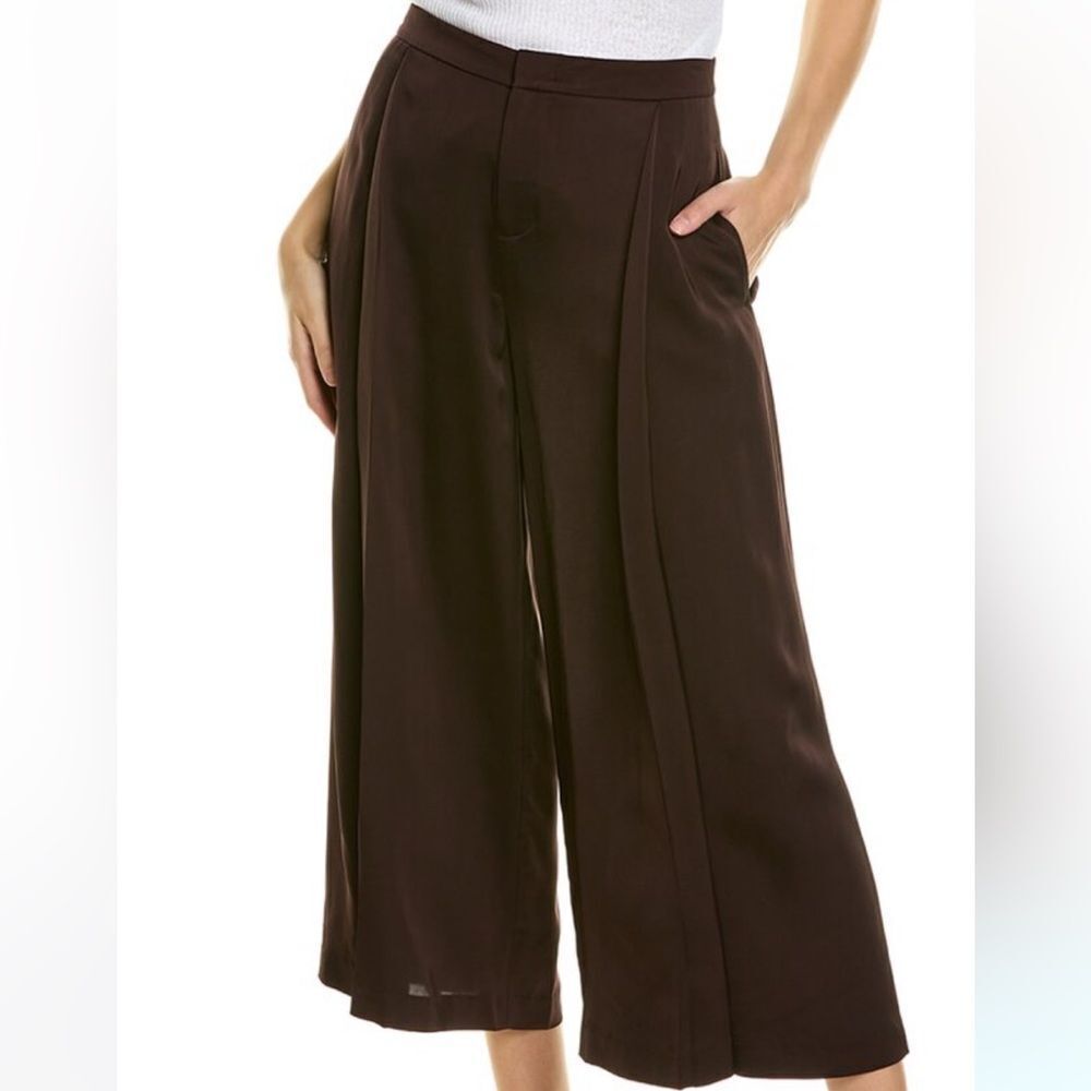 VINCE Satin Wide‎ Leg Capri Pleated Pants Brown 4 NWOT